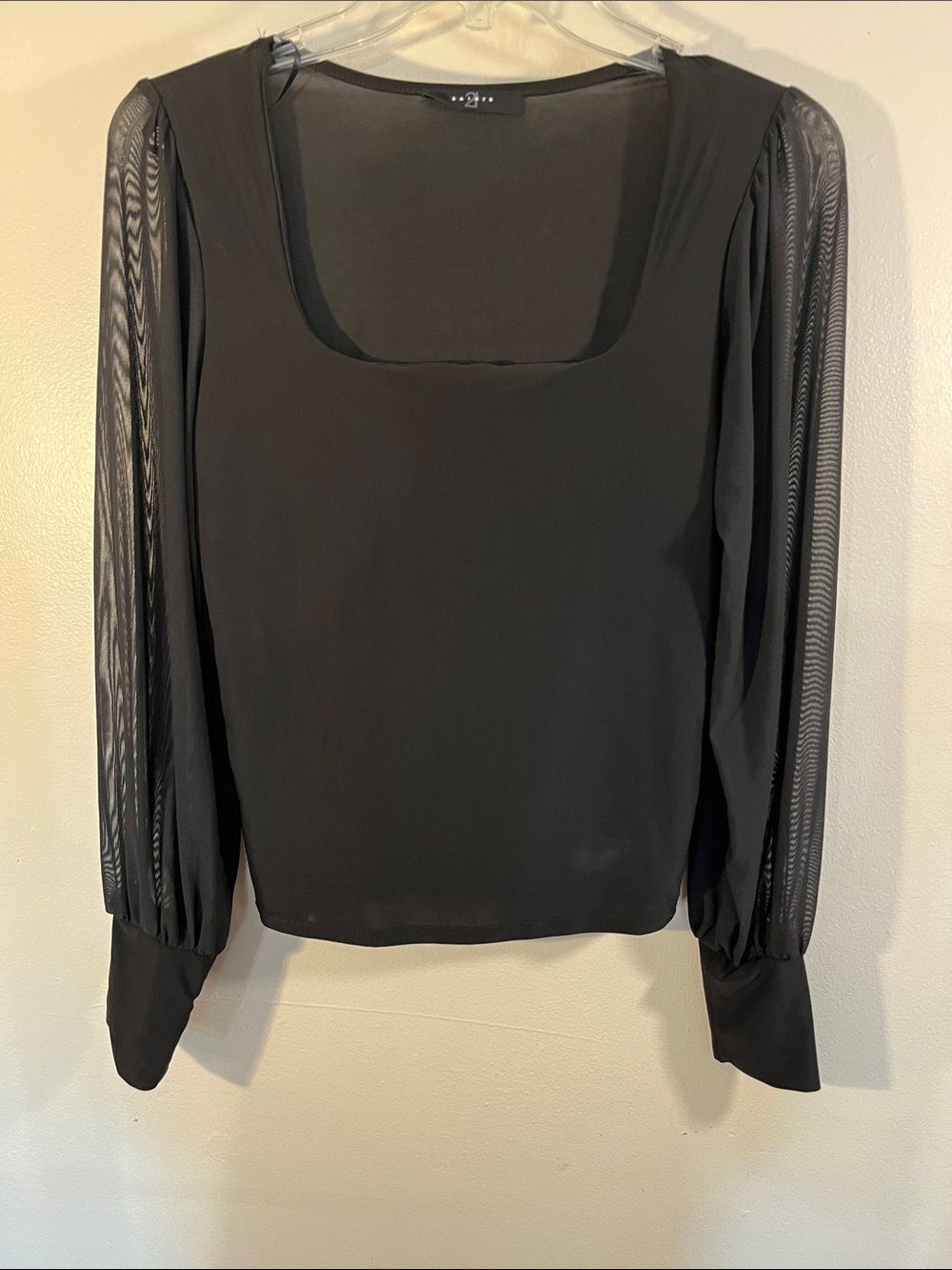 Square-Neck Black Blouse with Sheer Long Sleeves